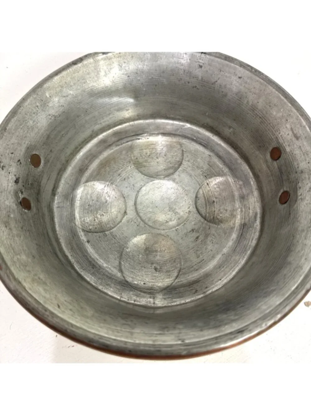 Antique French Copper Brass Handled Egg Poacher Escargot Pan 5 Hole